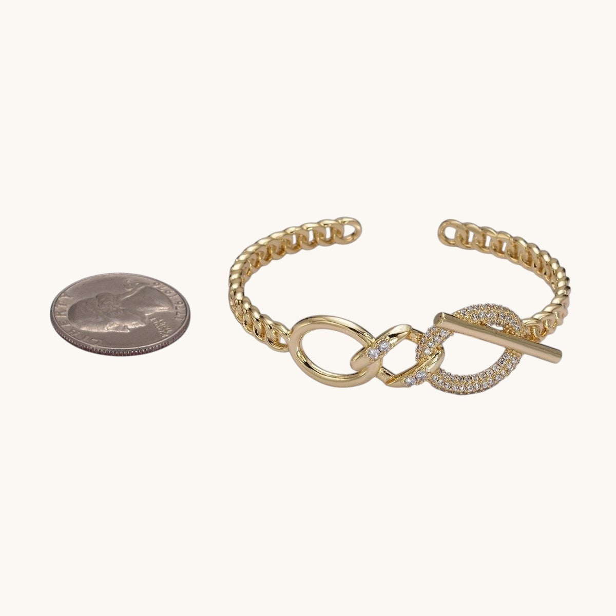 14K Gold Filled Micro Paved CZ Oval Bar Curb Cuff Bangle Bracelet in Gold