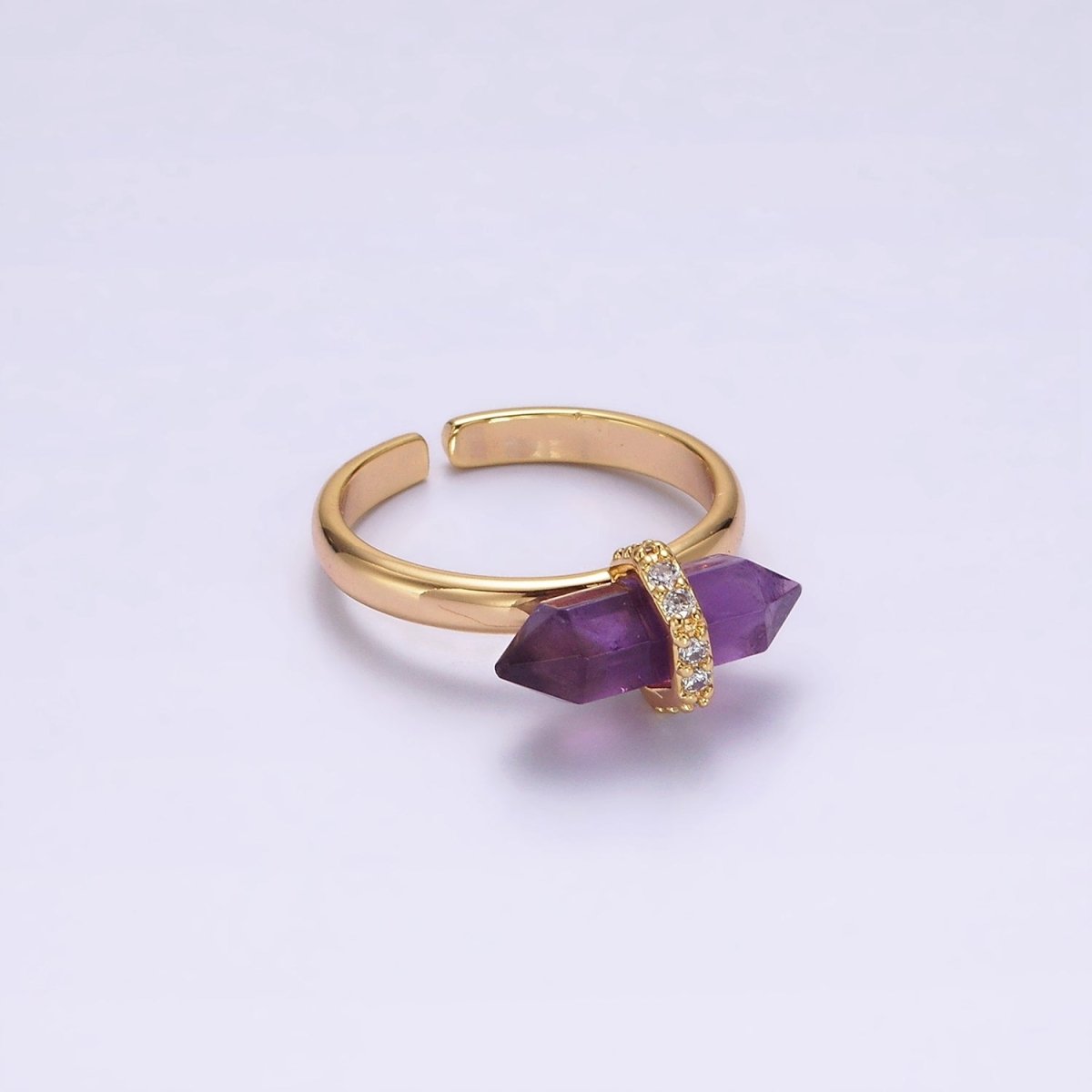 Gold-Filled Micro Pave CZ Pointed Wand Citrine, Rose Quartz, Aquamarine, Amazonite, Howlite, Amethyst, Labradorite, Onyx Ring