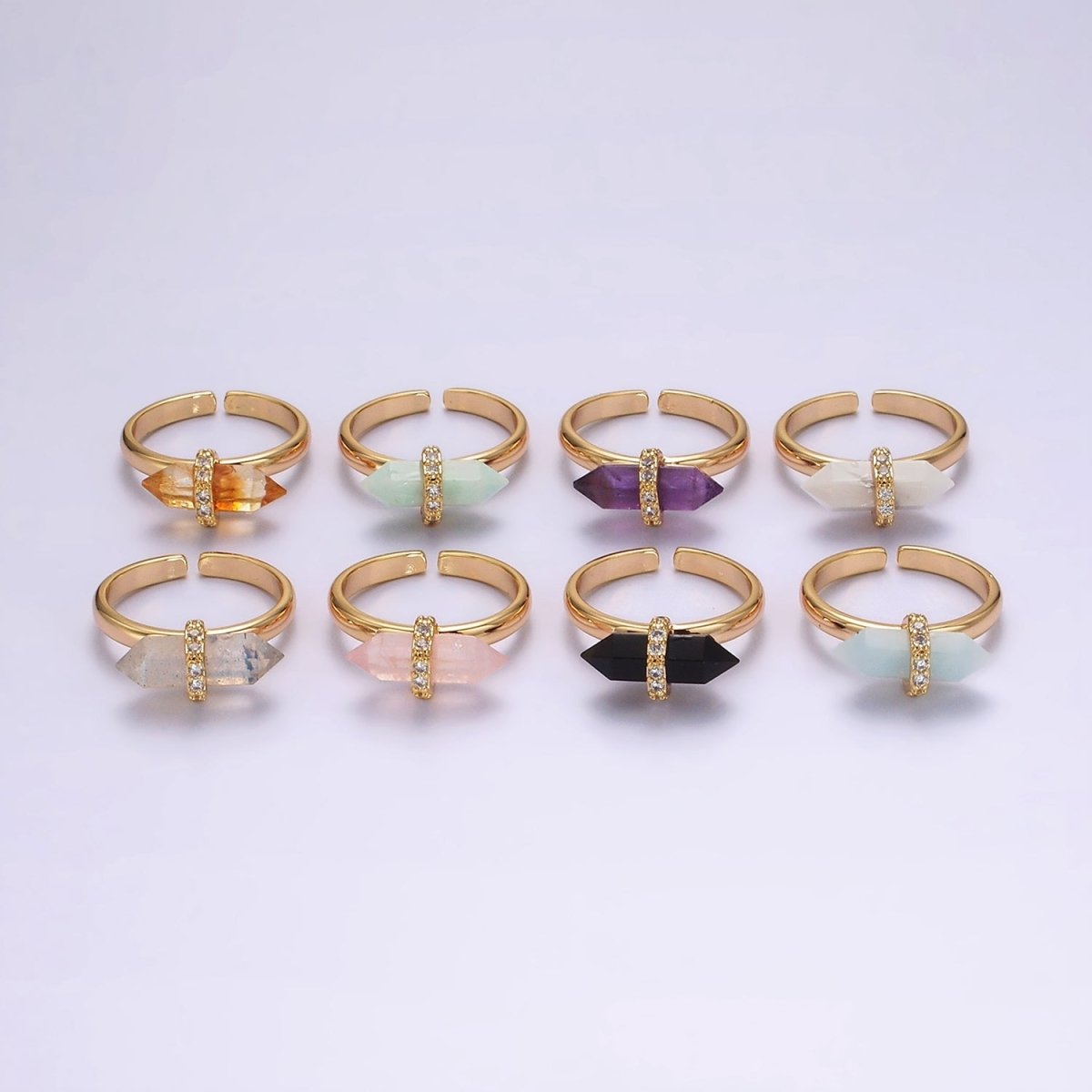 Gold-Filled Micro Pave CZ Pointed Wand Citrine, Rose Quartz, Aquamarine, Amazonite, Howlite, Amethyst, Labradorite, Onyx Ring
