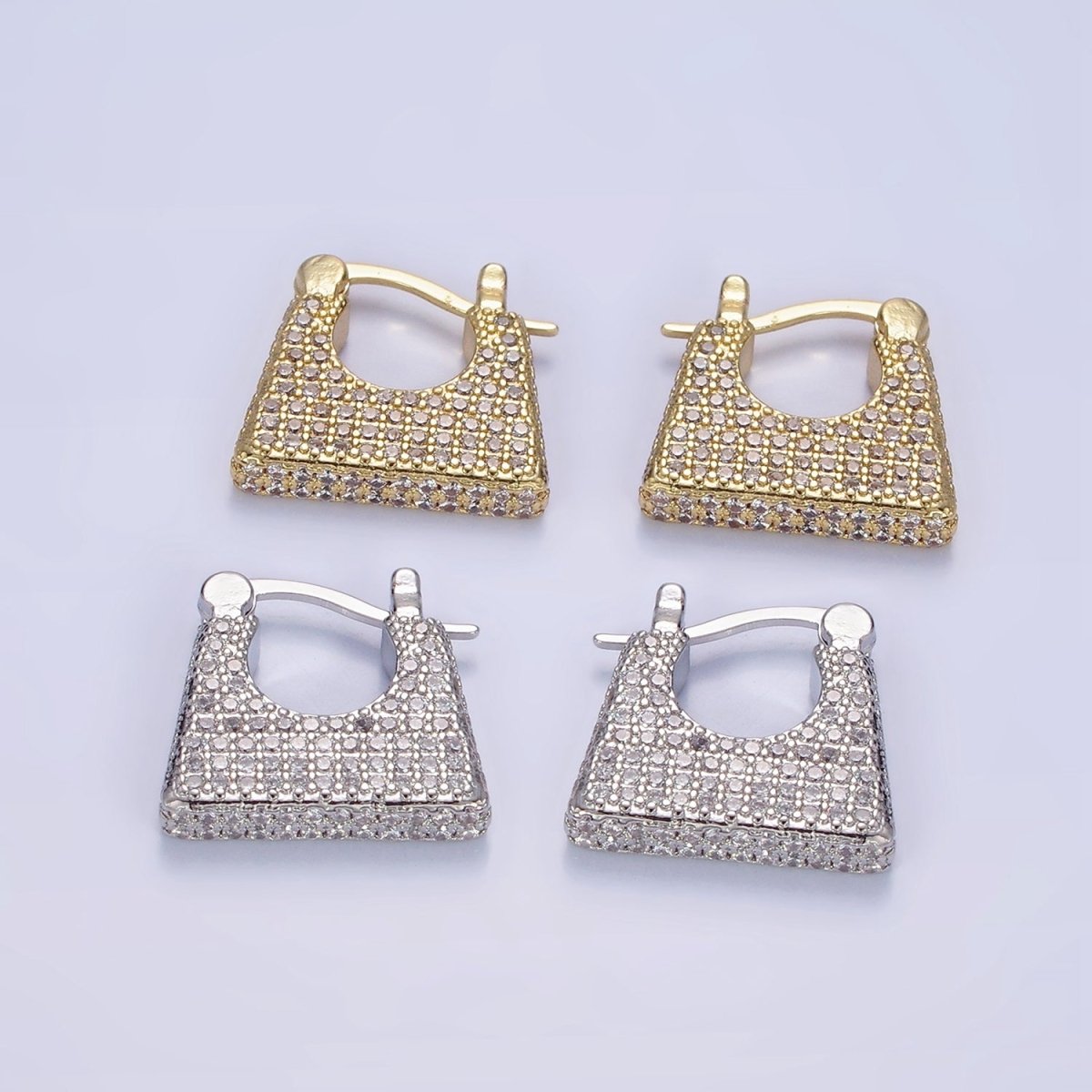 14K Gold Filled Micro Pave CZ Rectangular Latch Hoop Earrings in Gold & Silver