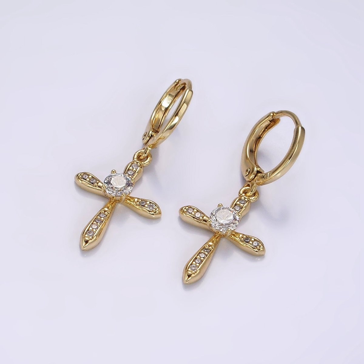 14K Gold Filled Micro Paved CZ Religious Cross Drop Huggie Earrings