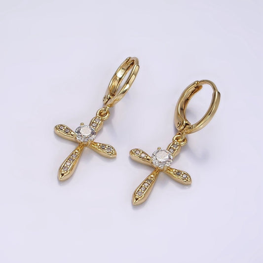 14K Gold Filled Micro Paved CZ Religious Cross Drop Huggie Earrings