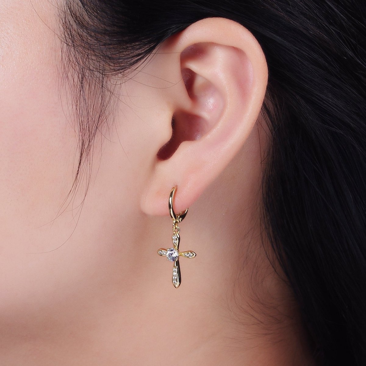 14K Gold Filled Micro Paved CZ Religious Cross Drop Huggie Earrings