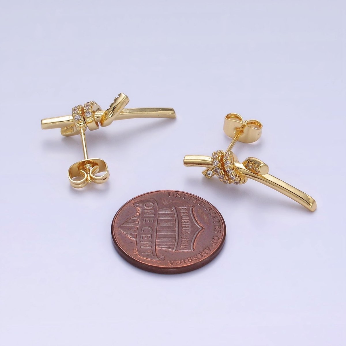 Beautiful 14K Gold Filled Micro Pave CZ Tied Bar Stud Earrings Knot Studs