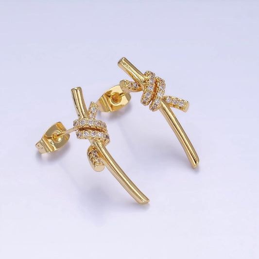 Beautiful 14K Gold Filled Micro Pave CZ Tied Bar Stud Earrings Knot Studs