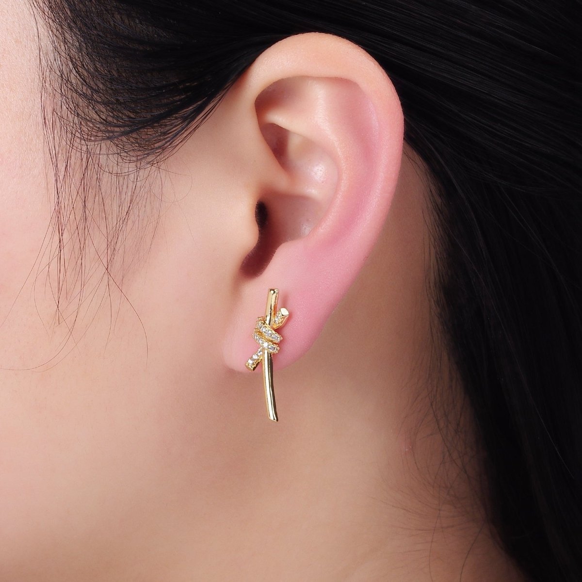 Beautiful 14K Gold Filled Micro Pave CZ Tied Bar Stud Earrings Knot Studs