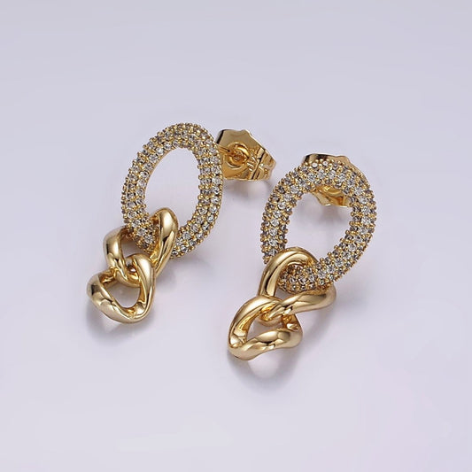 14K Gold Filled Micro Pave Oval Curb Link Drop Stud Earrings
