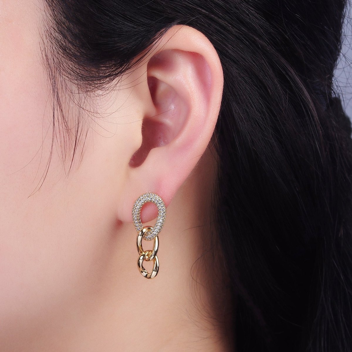 14K Gold Filled Micro Pave Oval Curb Link Drop Stud Earrings