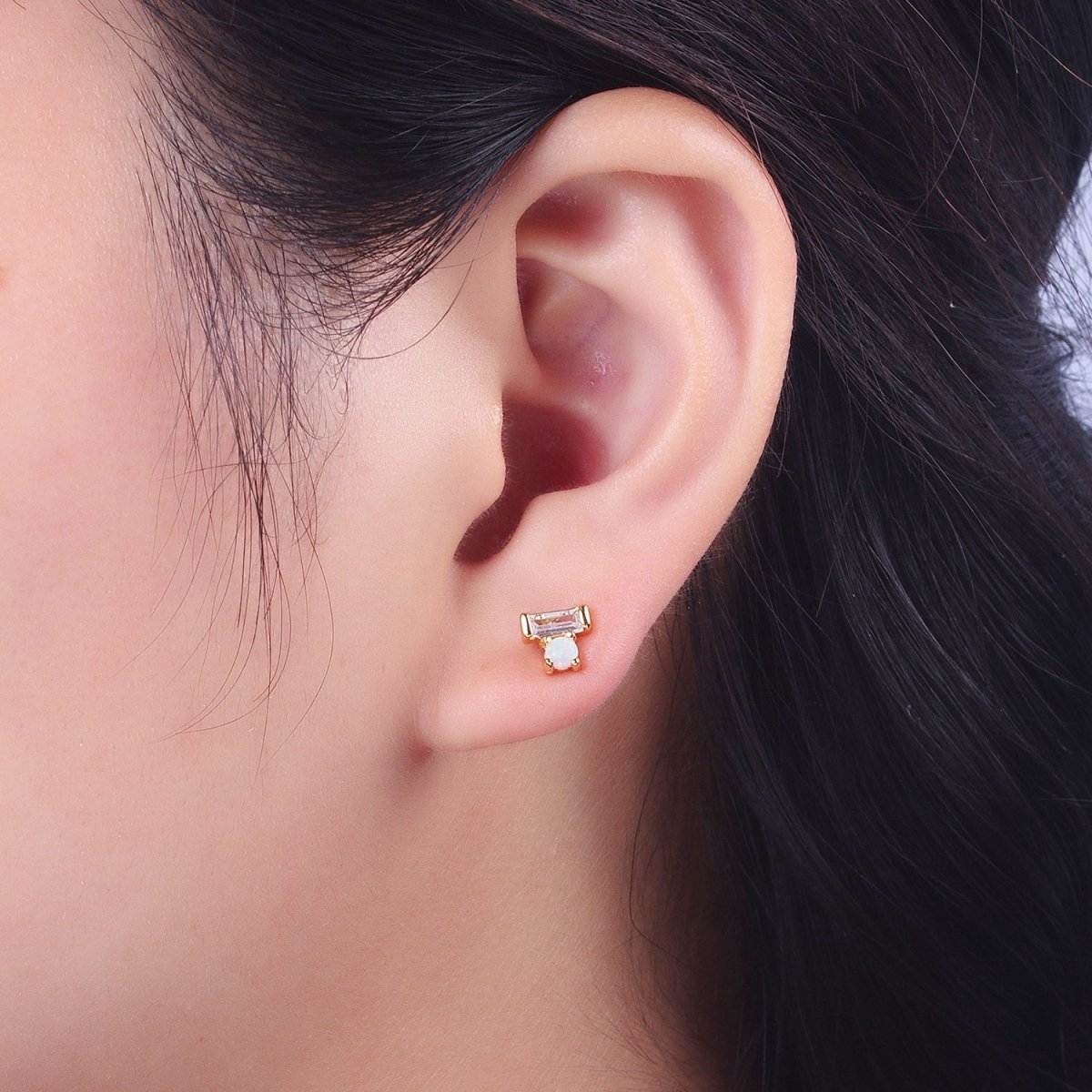 14K Gold Filled Mini White Opal Clear Baguette Stud Earrings