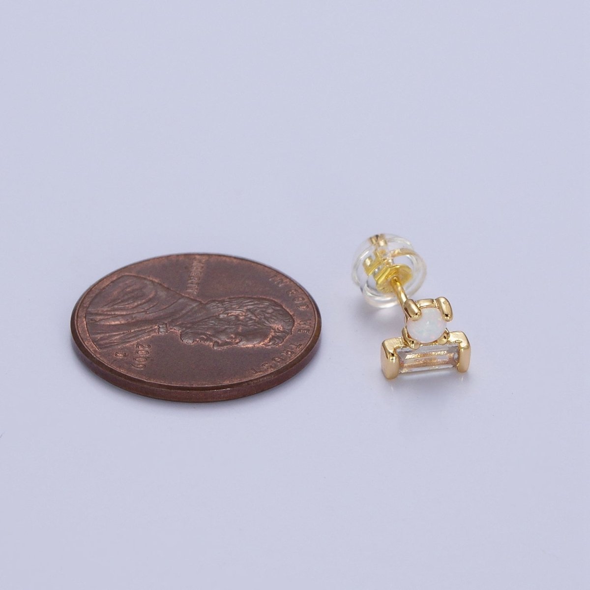 14K Gold Filled Mini White Opal Clear Baguette Stud Earrings