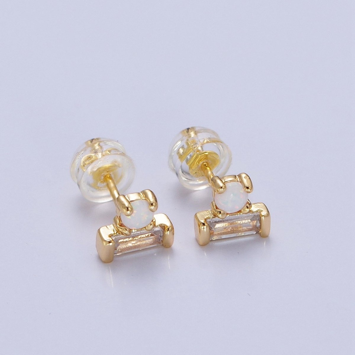 14K Gold Filled Mini White Opal Clear Baguette Stud Earrings