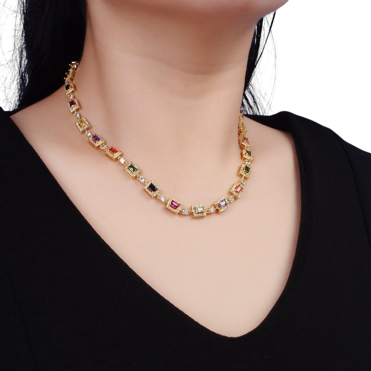 Stunning 14K Gold Filled Multicolor Baguette Micro Pave CZ 15 Inch Choker Chain Necklace