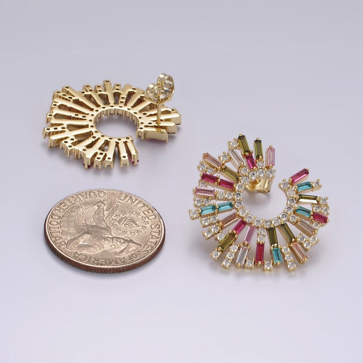Magnificent 14K Gold Filled Multicolor CZ Baguette Micro Pave Circular Stud Earrings
