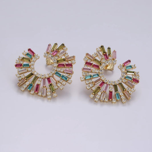 Magnificent 14K Gold Filled Multicolor CZ Baguette Micro Pave Circular Stud Earrings