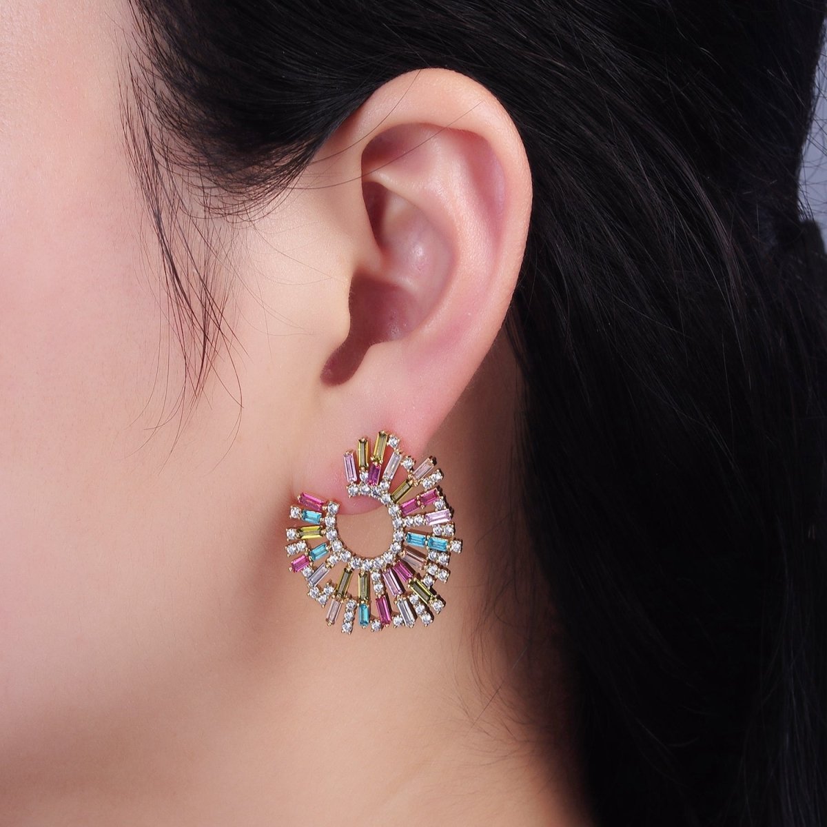 Magnificent 14K Gold Filled Multicolor CZ Baguette Micro Pave Circular Stud Earrings