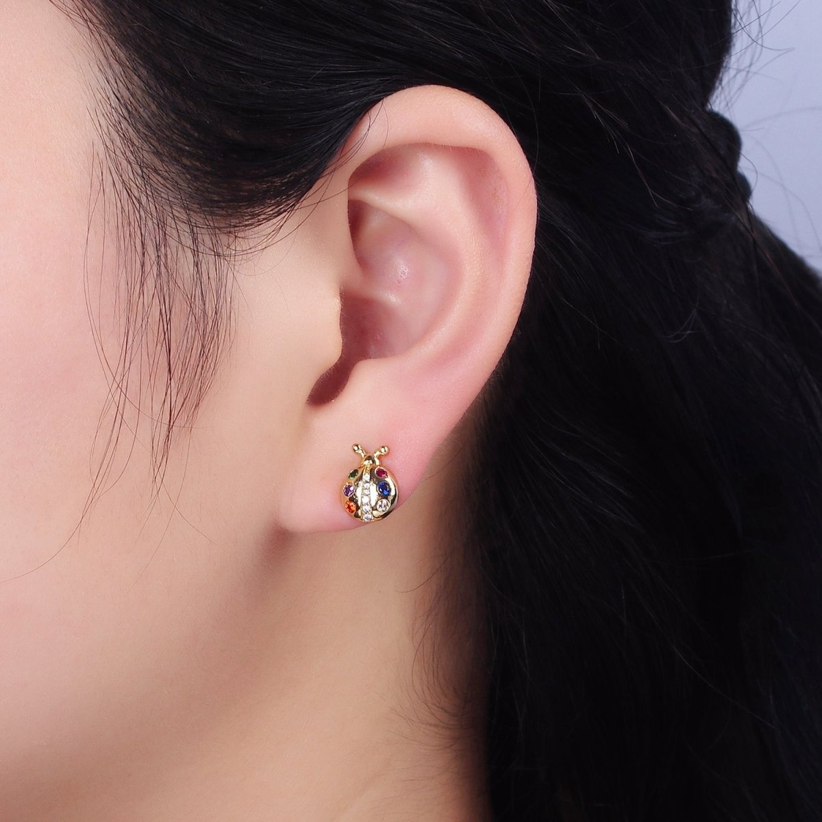 Sweet 14K Gold Filled Multicolor CZ Ladybug Insect Stud Earrings