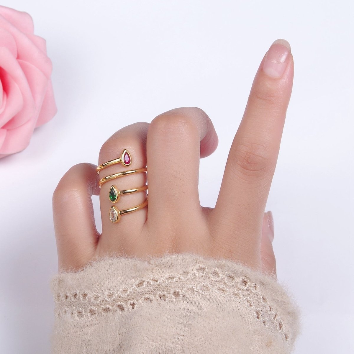 14K Gold Filled Multicolor CZ Multiband Open Wrap Ring in Silver