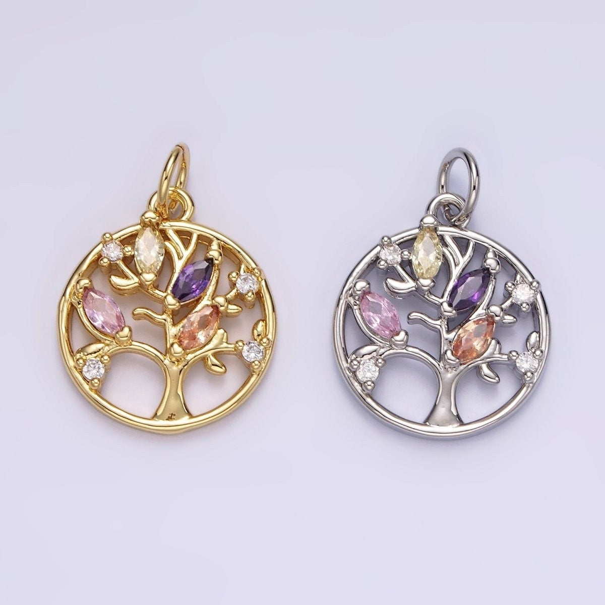 14K Gold-Filled 19.3mm Multicolor Marquise CZ Leaf Tree Open Round Charm in Gold & Silver