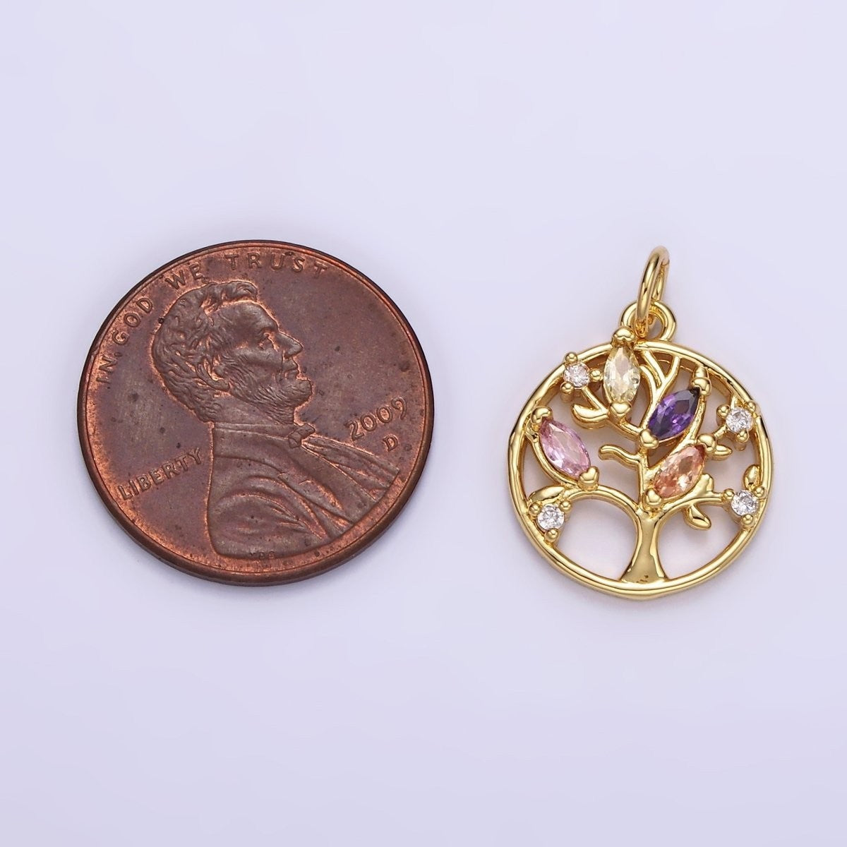 14K Gold-Filled 19.3mm Multicolor Marquise CZ Leaf Tree Open Round Charm in Gold & Silver