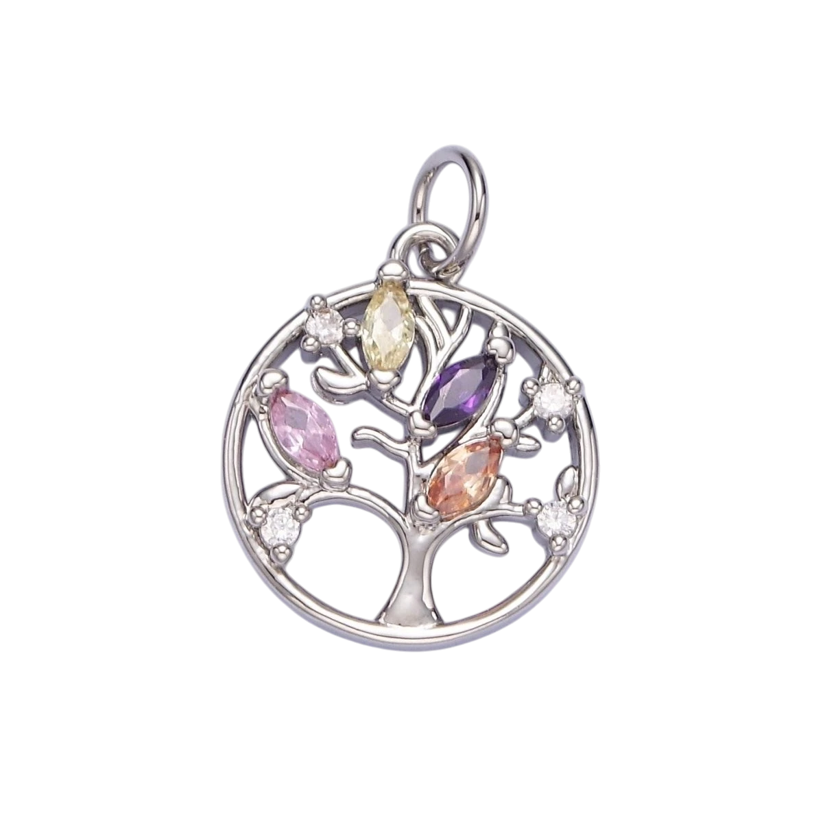 14K Gold-Filled 19.3mm Multicolor Marquise CZ Leaf Tree Open Round Charm in Gold & Silver