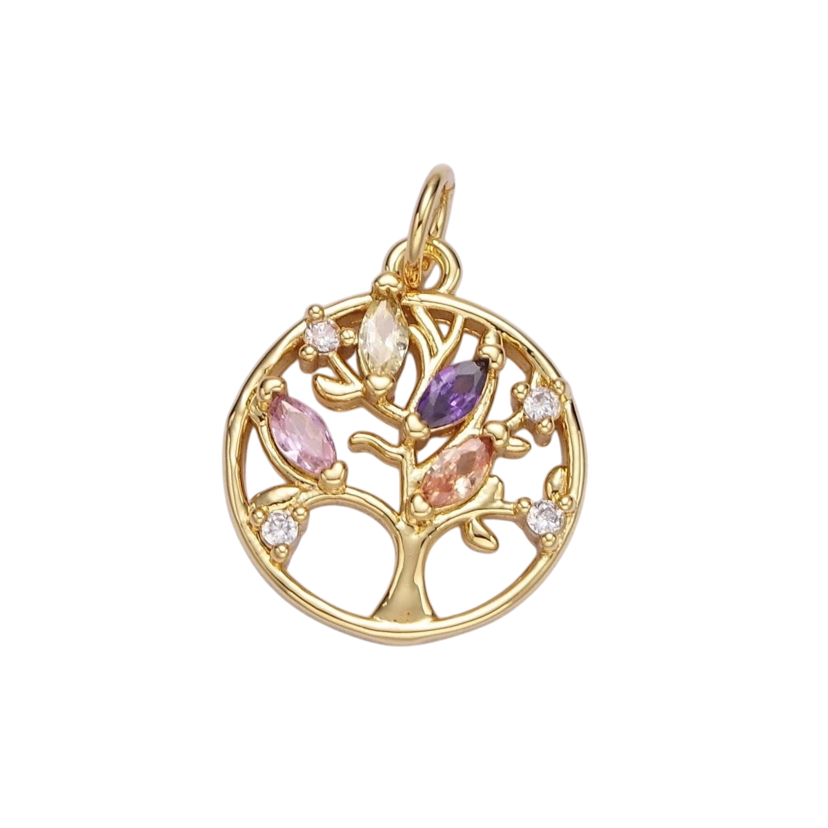 14K Gold-Filled 19.3mm Multicolor Marquise CZ Leaf Tree Open Round Charm in Gold & Silver