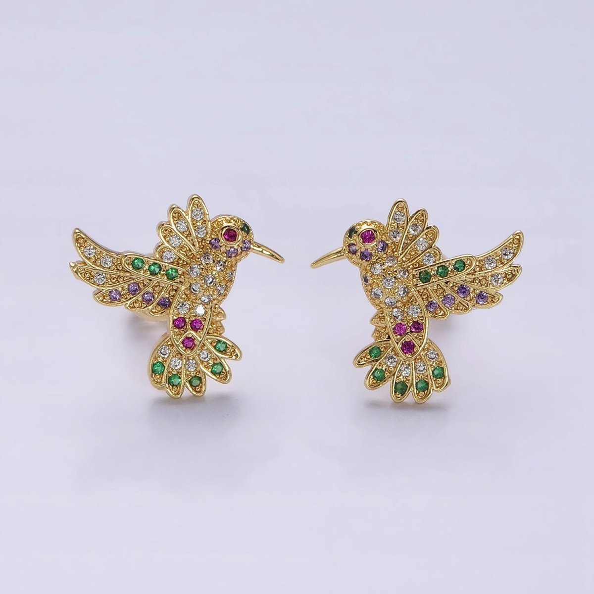 Gorgeous 14K Gold Filled Multicolor Micro Pave CZ Hummingbird Stud Earrings in Gold & Silver