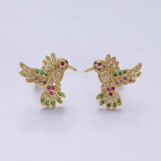 Gorgeous 14K Gold Filled Multicolor Micro Pave CZ Hummingbird Stud Earrings in Gold & Silver