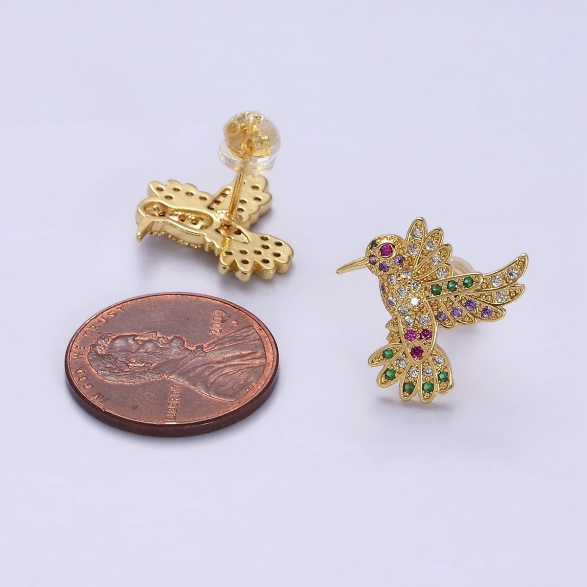 Gorgeous 14K Gold Filled Multicolor Micro Pave CZ Hummingbird Stud Earrings in Gold & Silver
