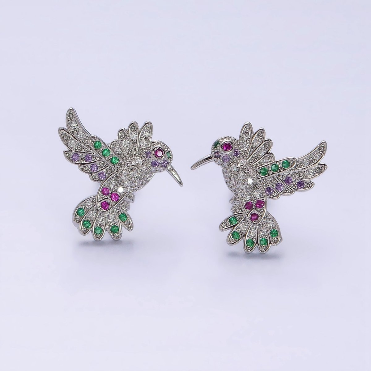 Gorgeous 14K Gold Filled Multicolor Micro Pave CZ Hummingbird Stud Earrings in Gold & Silver