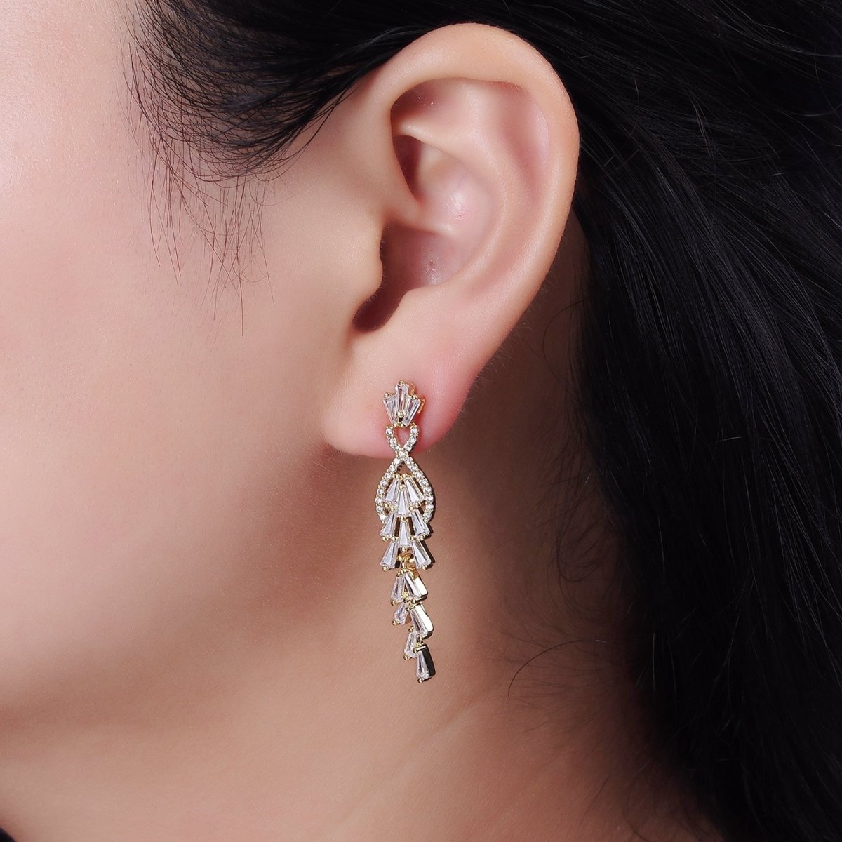 Elegant 14K Gold Filled Multiple Baguette Micro Pave CZ Drop Stud Earrings in Silver