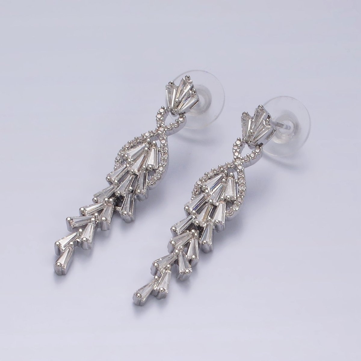 Elegant 14K Gold Filled Multiple Baguette Micro Pave CZ Drop Stud Earrings in Silver