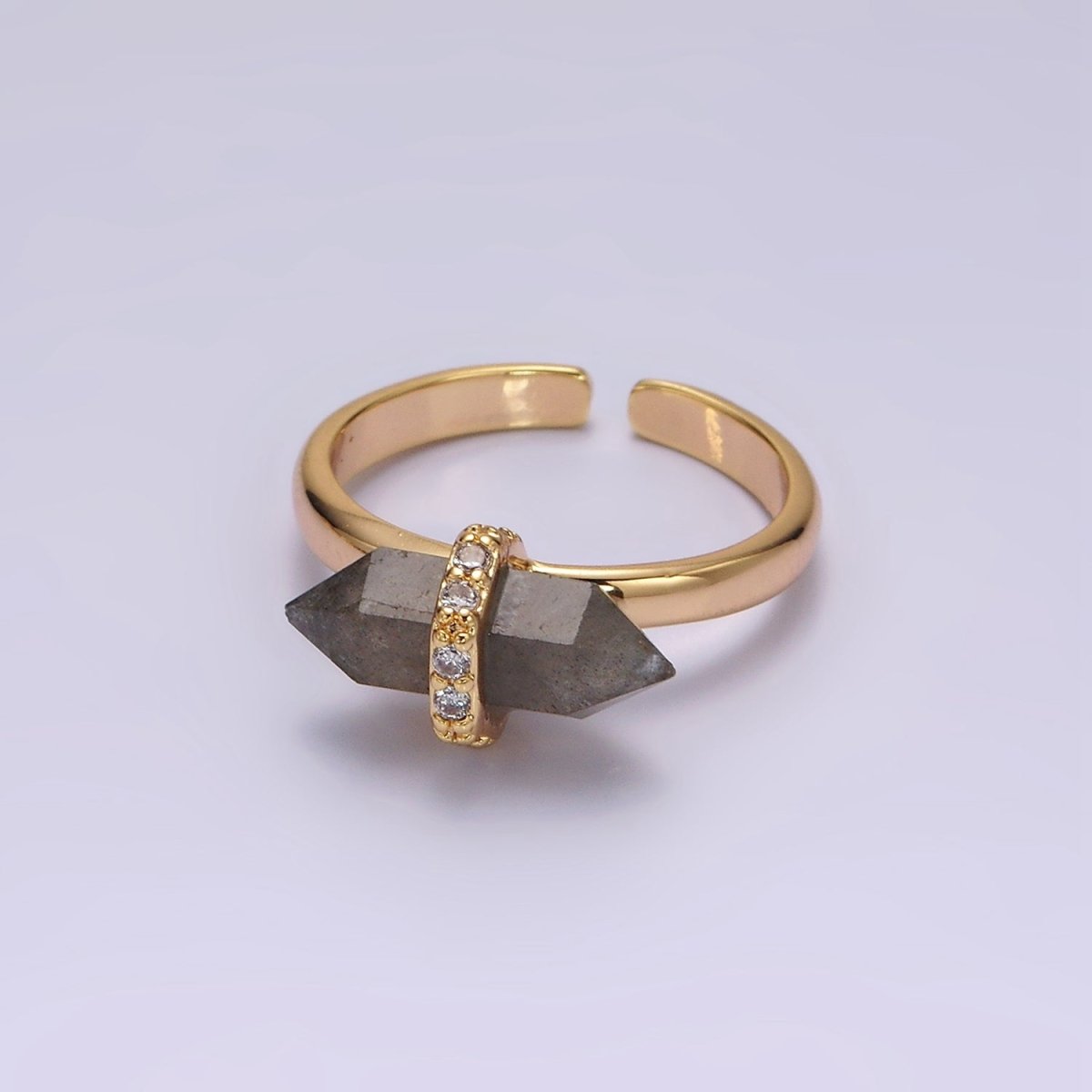 Gorgeous 14K Gold-Filled Natural Gemstone Pointed Wand Micro Pave CZ Open Adjustable Ring
