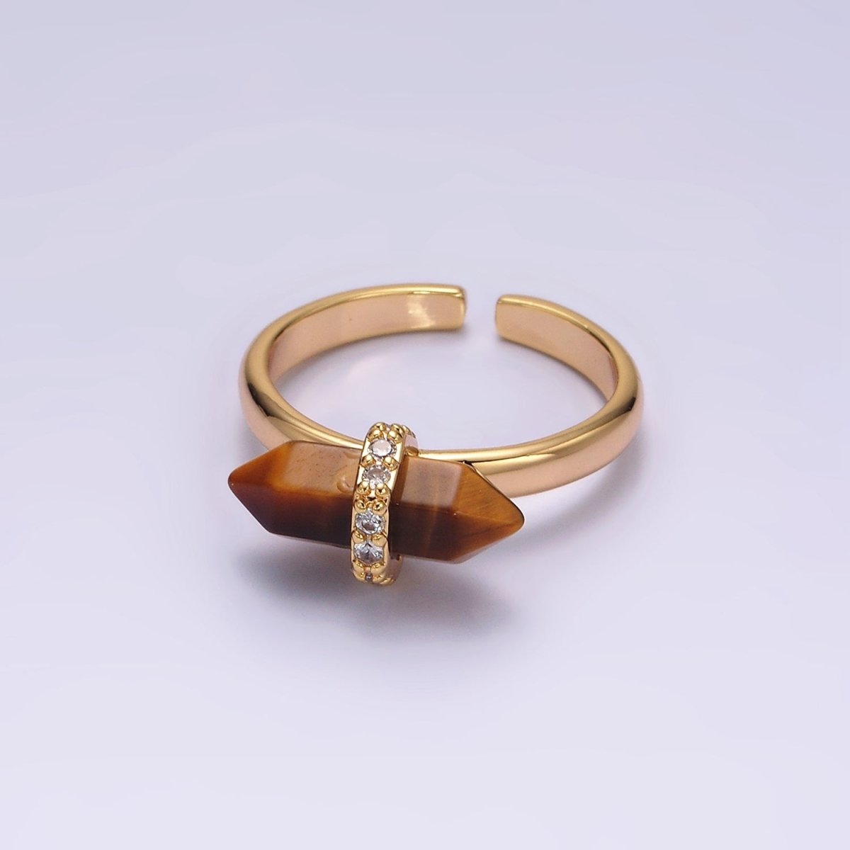 Gorgeous 14K Gold-Filled Natural Gemstone Pointed Wand Micro Pave CZ Open Adjustable Ring