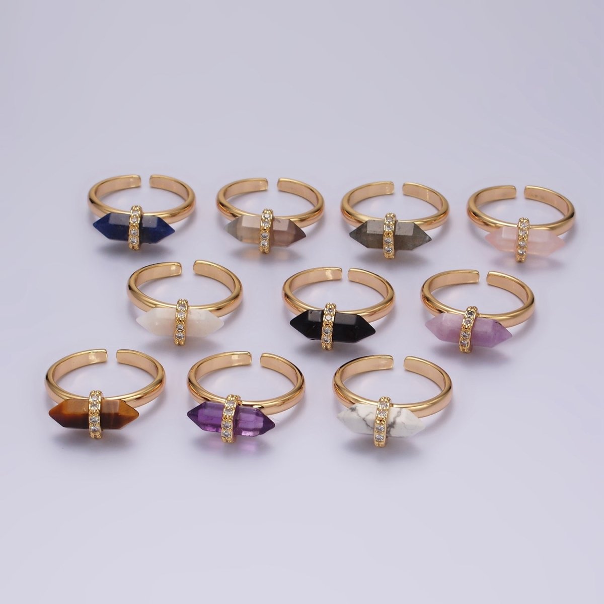 Gorgeous 14K Gold-Filled Natural Gemstone Pointed Wand Micro Pave CZ Open Adjustable Ring