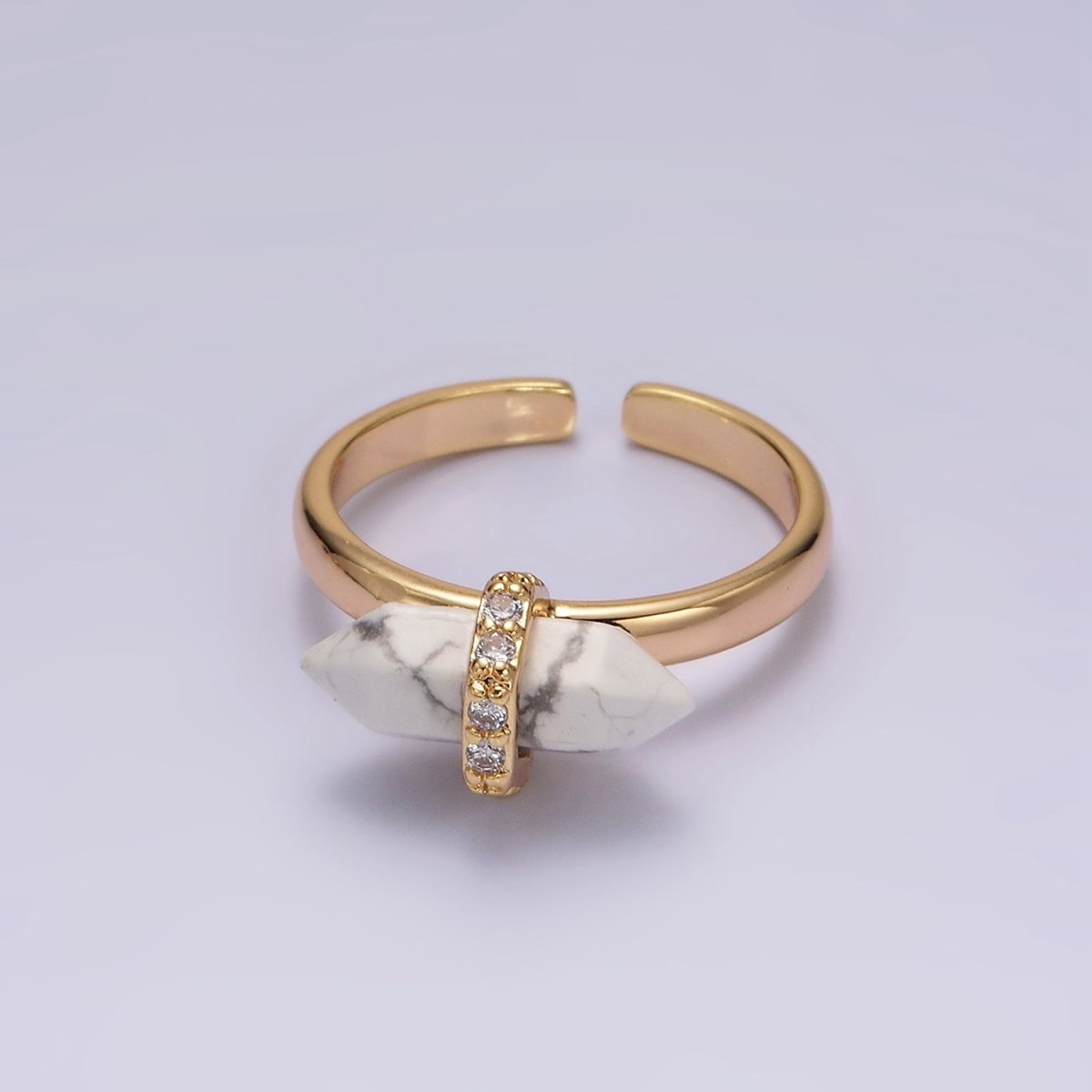 Gorgeous 14K Gold-Filled Natural Gemstone Pointed Wand Micro Pave CZ Open Adjustable Ring