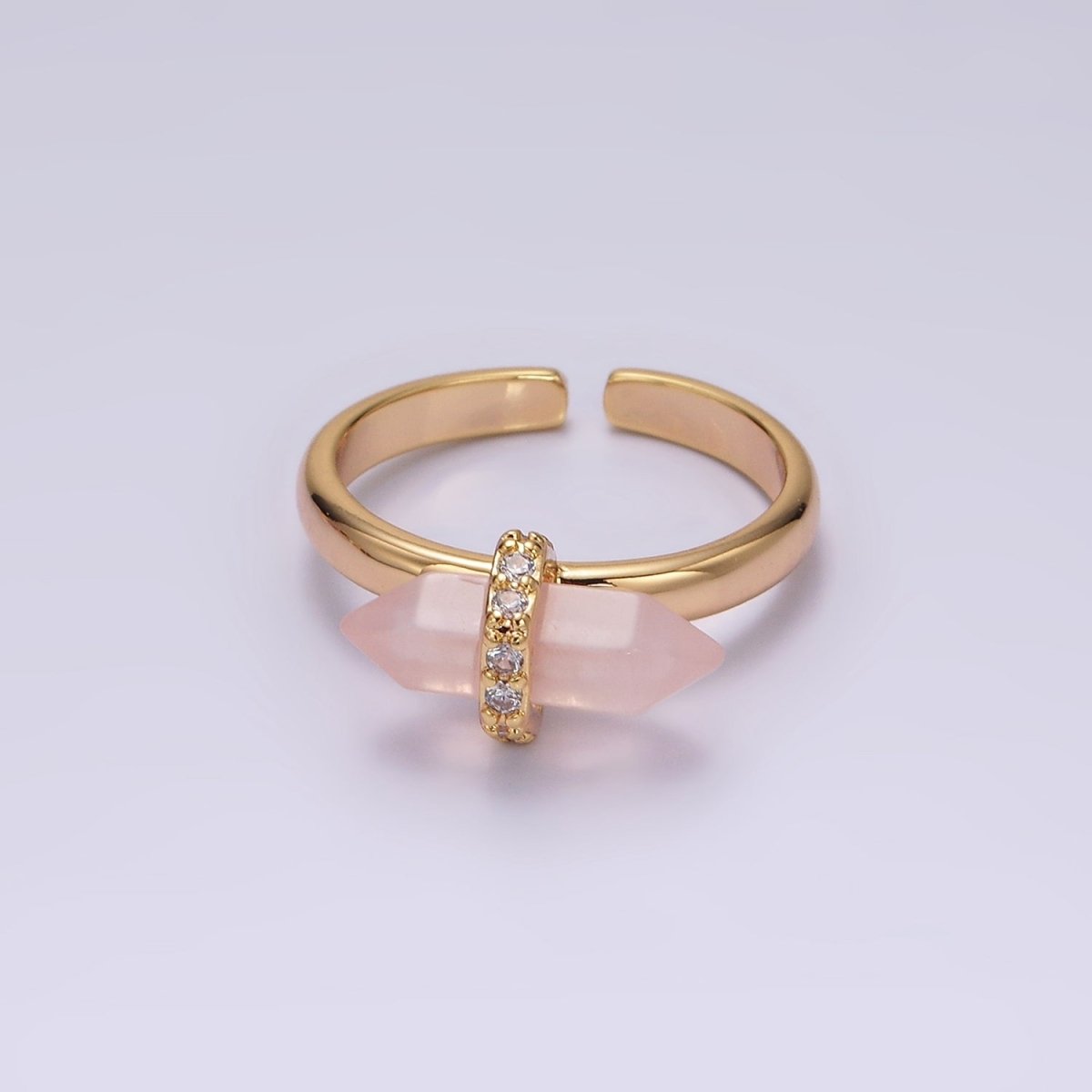 Gorgeous 14K Gold-Filled Natural Gemstone Pointed Wand Micro Pave CZ Open Adjustable Ring