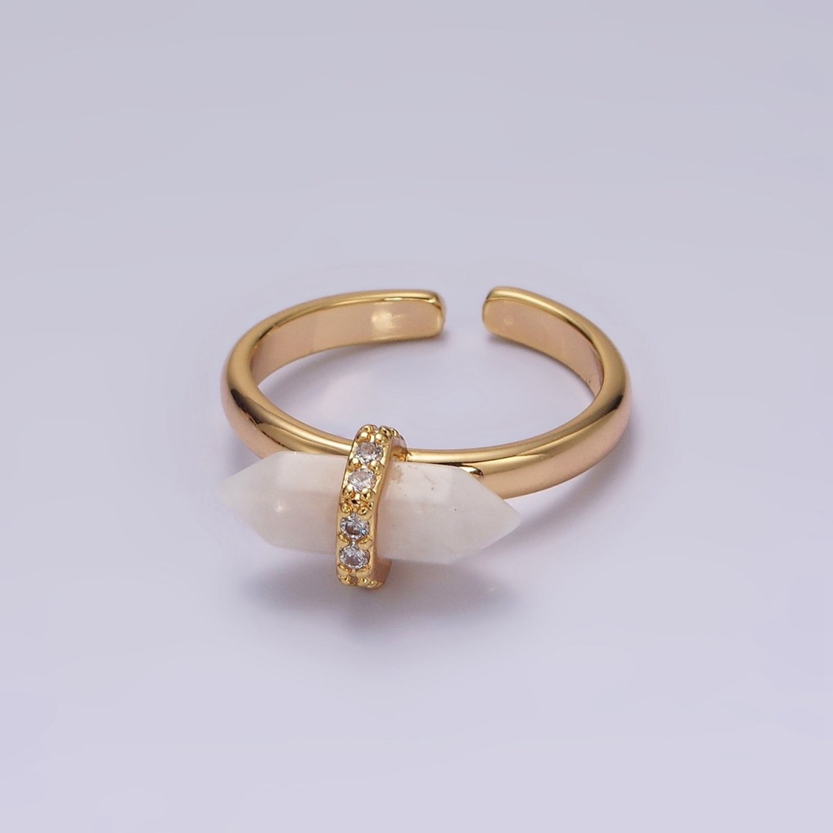 Gorgeous 14K Gold-Filled Natural Gemstone Pointed Wand Micro Pave CZ Open Adjustable Ring