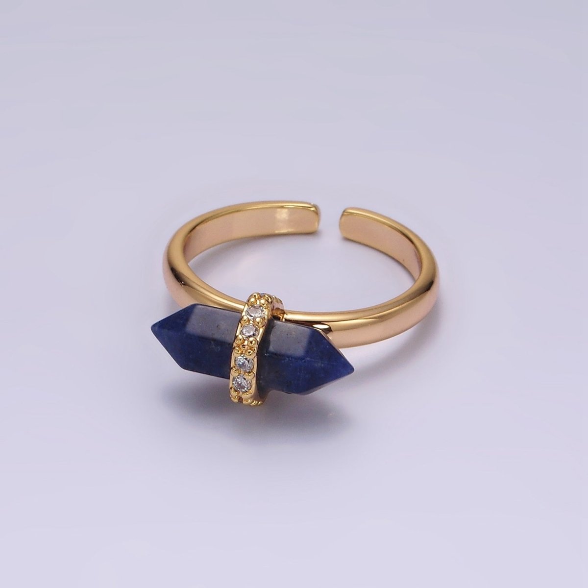 Gorgeous 14K Gold-Filled Natural Gemstone Pointed Wand Micro Pave CZ Open Adjustable Ring