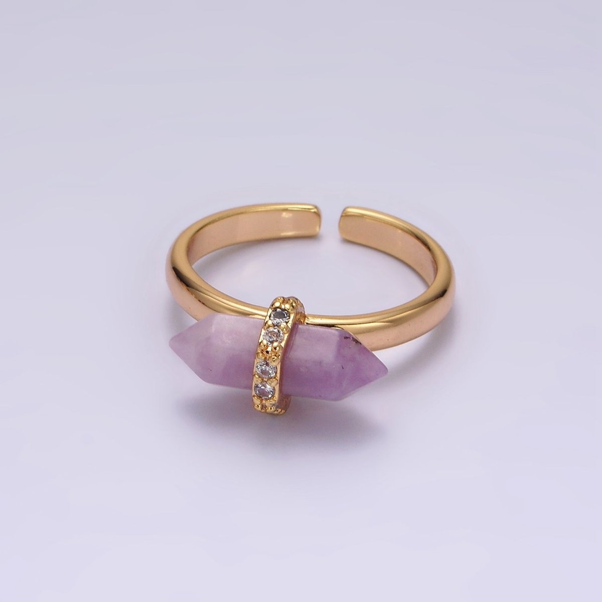 Gorgeous 14K Gold-Filled Natural Gemstone Pointed Wand Micro Pave CZ Open Adjustable Ring