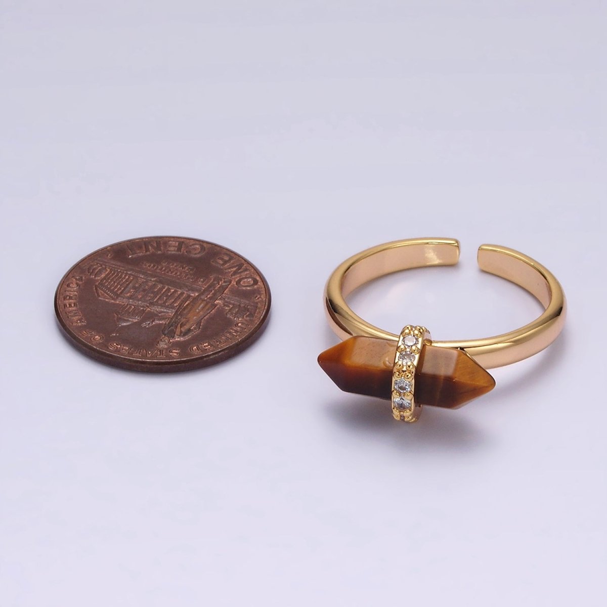 Gorgeous 14K Gold-Filled Natural Gemstone Pointed Wand Micro Pave CZ Open Adjustable Ring