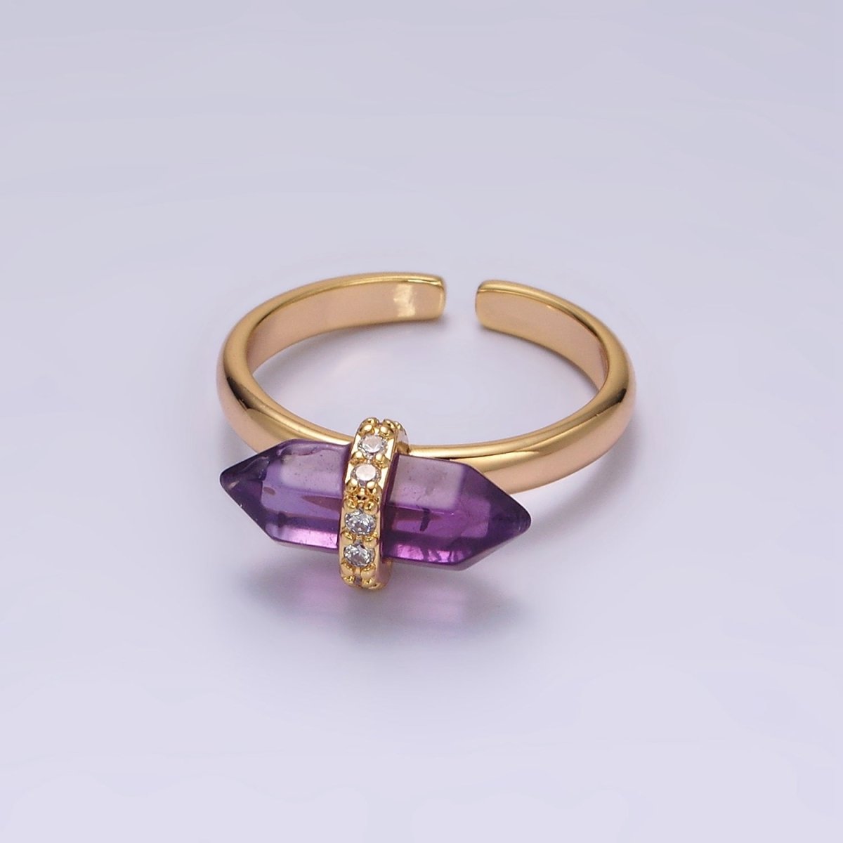 Gorgeous 14K Gold-Filled Natural Gemstone Pointed Wand Micro Pave CZ Open Adjustable Ring