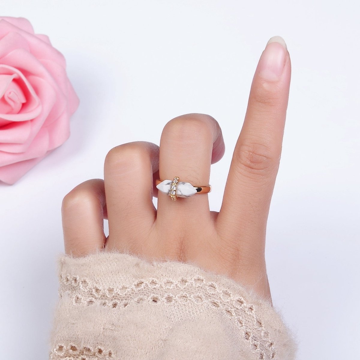 Gorgeous 14K Gold-Filled Natural Gemstone Pointed Wand Micro Pave CZ Open Adjustable Ring