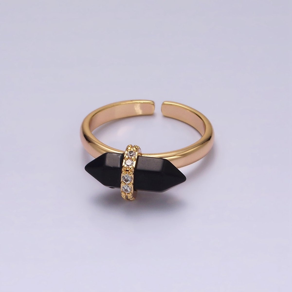 Gorgeous 14K Gold-Filled Natural Gemstone Pointed Wand Micro Pave CZ Open Adjustable Ring