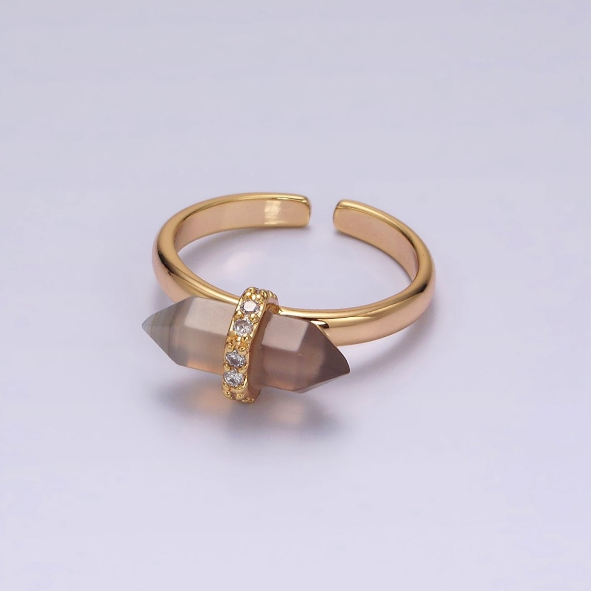 Gorgeous 14K Gold-Filled Natural Gemstone Pointed Wand Micro Pave CZ Open Adjustable Ring