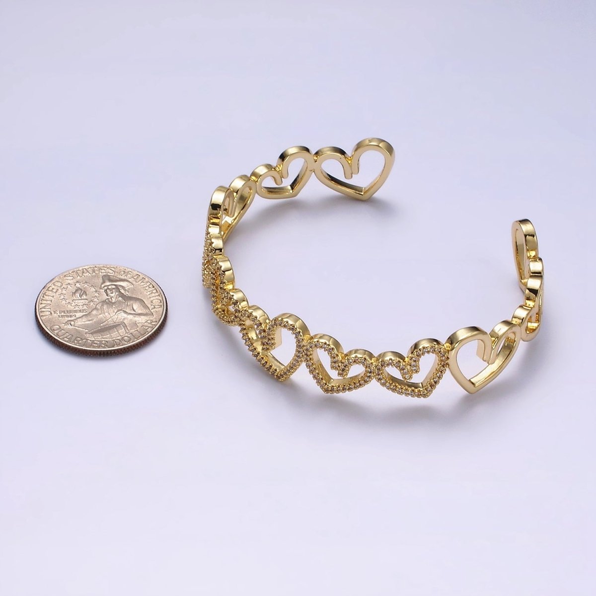 14K Gold Filled Open Heart Micro Paved CZ Cuff Bangle Bracelet in Gold