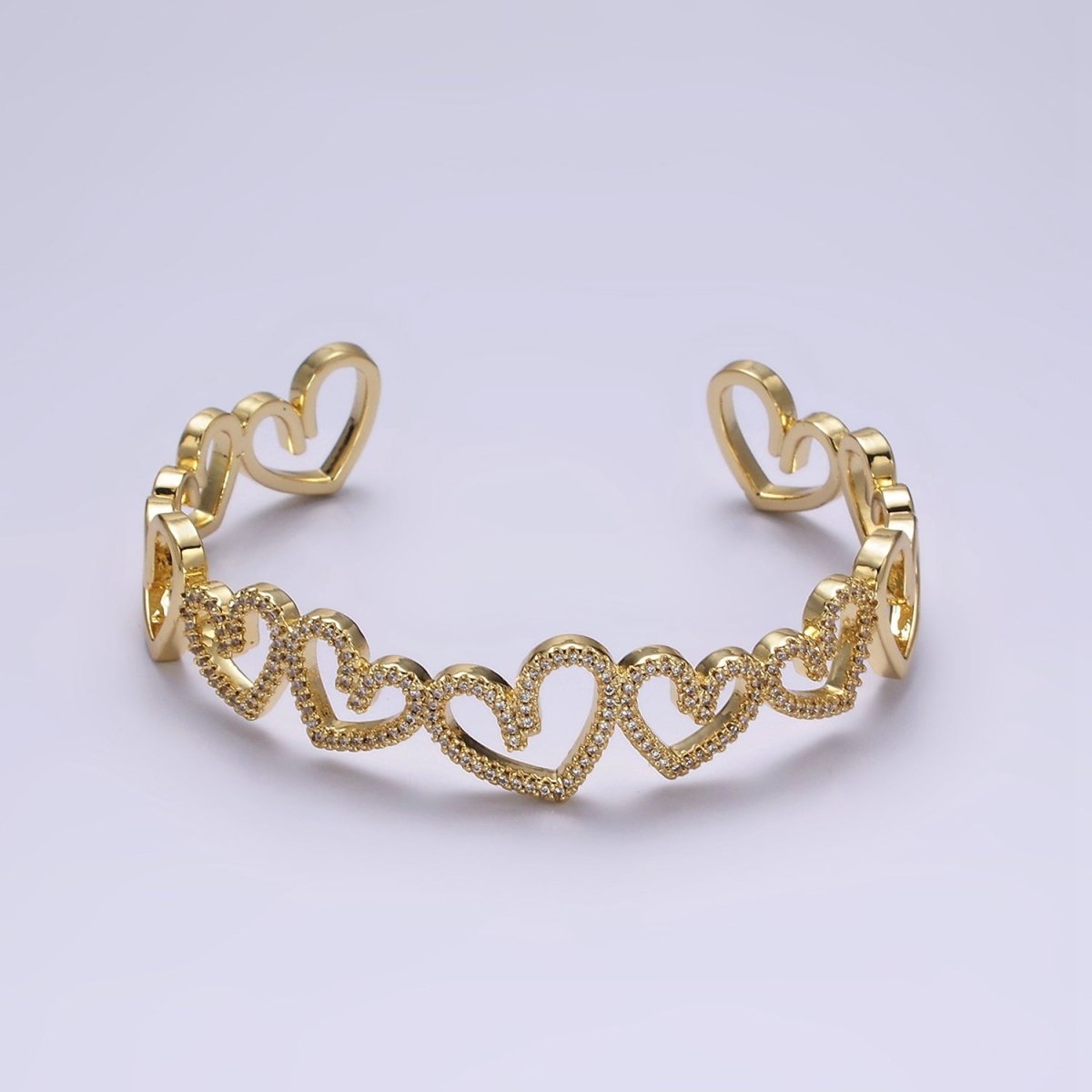 14K Gold Filled Open Heart Micro Paved CZ Cuff Bangle Bracelet in Gold