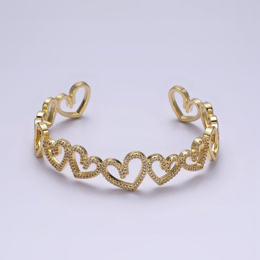 14K Gold Filled Open Heart Micro Paved CZ Cuff Bangle Bracelet in Gold