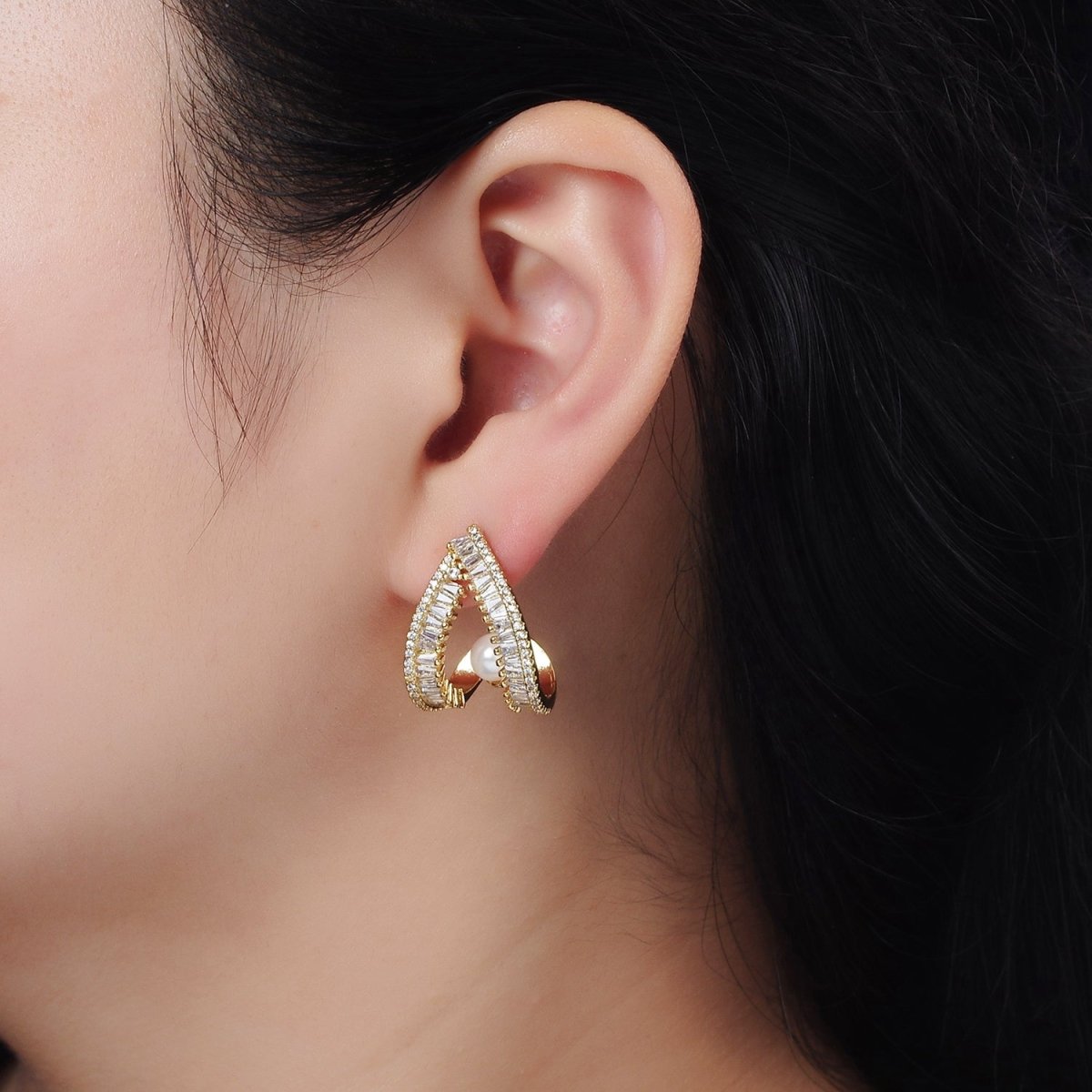 14K Gold Filled Pearl Baguette Micro Pave CZ Open Teardrop J-Shaped Hoop Earrings