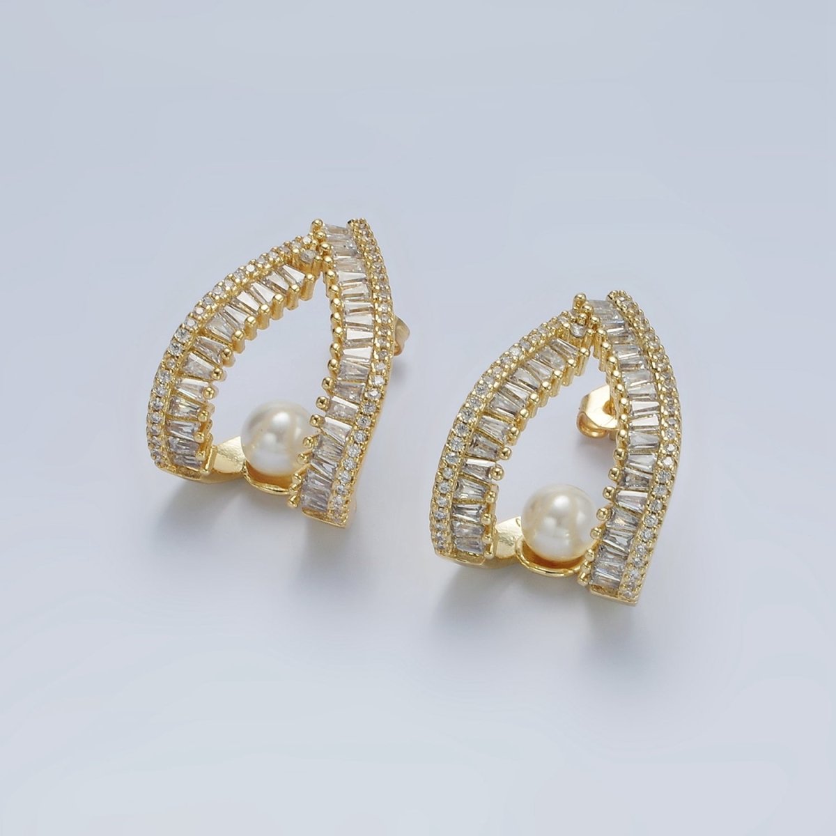 14K Gold Filled Pearl Baguette Micro Pave CZ Open Teardrop J-Shaped Hoop Earrings