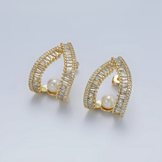 14K Gold Filled Pearl Baguette Micro Pave CZ Open Teardrop J-Shaped Hoop Earrings